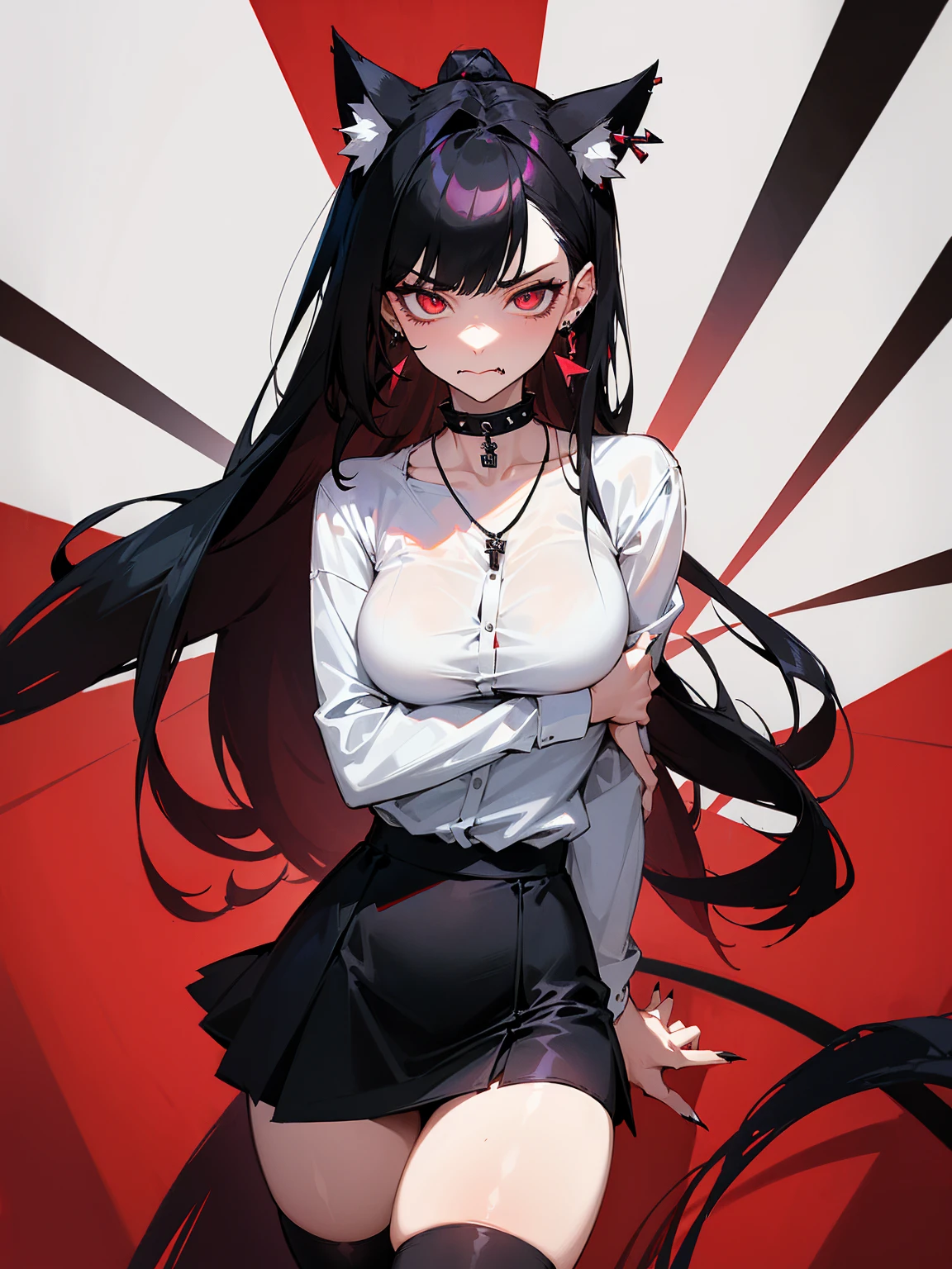 ((Long Straight Black hair)), Perfect face, Choker, Punk earrings, ((Tall)), ((High Quality)), Necklace, ((Mature)), Pretty Eyes, Sharp Nails, Bangs, ((1 Girl)), ((Multiple Earrings)), 1 girl, Spiky Earrings, Adult, Spiked Collar, Thin Eyelashes, Plain Background, Red Colors in Background, Cat Girl, Long Tail, Large Tail, Massive Tail, Black Tail, ((Black Goth Mini Skirt)), ((White Shirt)), Close Up, Very Short Mini Skirt, Tall, Long Legs, Sexy Thigh Highs, ((Very Disgusted)), Dynamic Pose, ((Very Disgusted Face)), Disgusted,