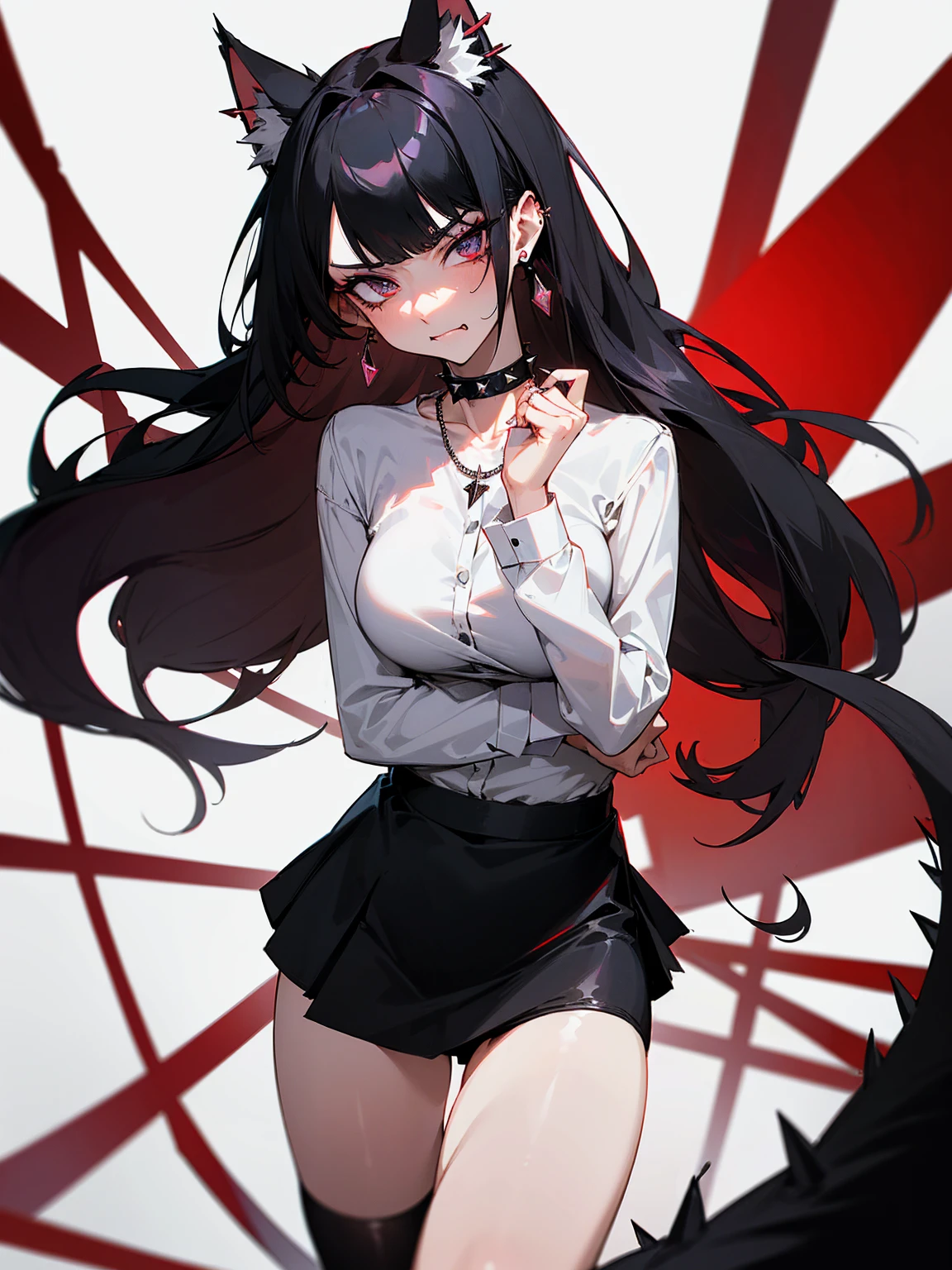 ((Long Straight Black hair)), Perfect face, Choker, Punk earrings, ((Tall)), ((High Quality)), Necklace, ((Mature)), Pretty Eyes, Sharp Nails, Bangs, ((1 Girl)), ((Multiple Earrings)), 1 girl, Spiky Earrings, Adult, Spiked Collar, Thin Eyelashes, Plain Background, Red Colors in Background, Cat Girl, Long Tail, Large Tail, Massive Tail, Black Tail, ((Black Goth Mini Skirt)), ((White Shirt)), Close Up, Very Short Mini Skirt, Tall, Long Legs, Sexy Thigh Highs, ((Very Disgusted)), Dynamic Pose, ((Very Disgusted Face)), Disgusted,