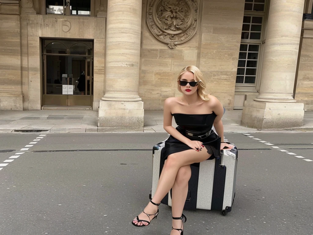 blonde woman sitting on a suitcase outside a building with a building in the background, in Paris, jia, sheath dress, Wearing a black dress, wearing a black camisole outfit, by Emma Andijewska, by Eva Frankfurther, elf eve, wearing black clothes, she is Wearing a black dress, christian dior style, 🤬 🤮 💕 🎀