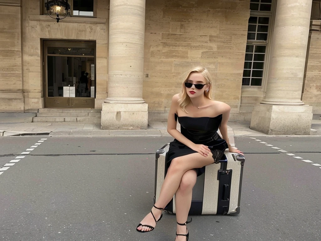 blonde woman sitting on a suitcase outside a building with a building in the background, in Paris, jia, sheath dress, Wearing a black dress, wearing a black camisole outfit, by Emma Andijewska, by Eva Frankfurther, elf eve, wearing black clothes, she is Wearing a black dress, christian dior style, 🤬 🤮 💕 🎀