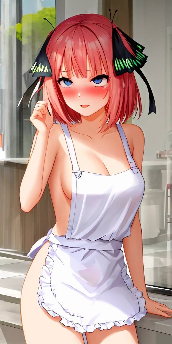 1girl, solo, nakano nino, pink hair, butterfly hair ornament, (naked:1.3), (white apron), large breasts, cleavage, thighs, cafe background, (blushing:1.3)