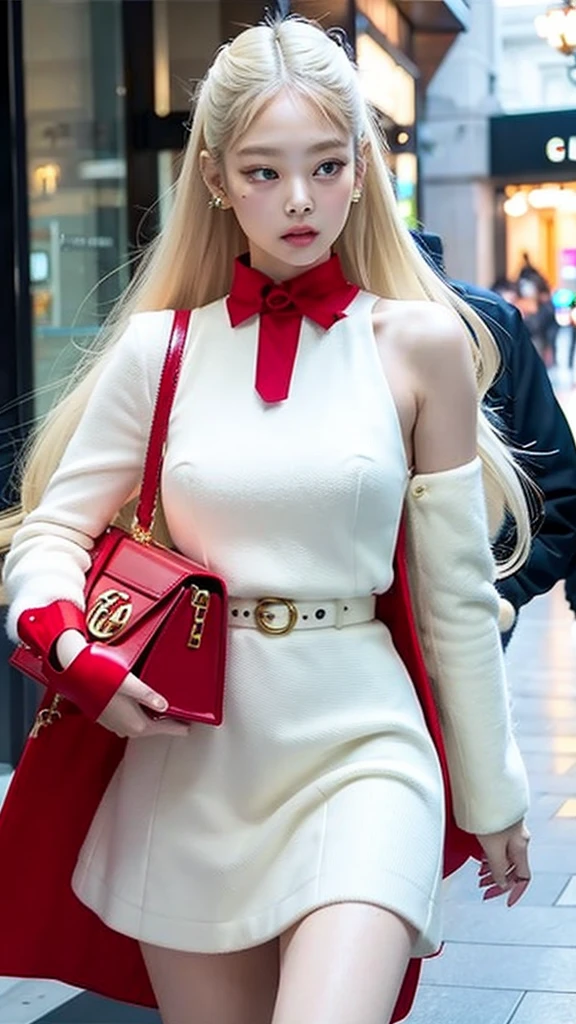 Jenny kim blonde girl, jennie loira, jenny kim, jennie kim do black pink, white  hair, long and blonde hair, pele white, white, big and fluffy lips, traditional korean idol makeup, girl with perfect skin, Korean woman in the mall with a tight red dress White hair leaving a Gucci store with Gucci bags in hand and loose hair in a close-up with a red dress with a high collar and cold sleeves 