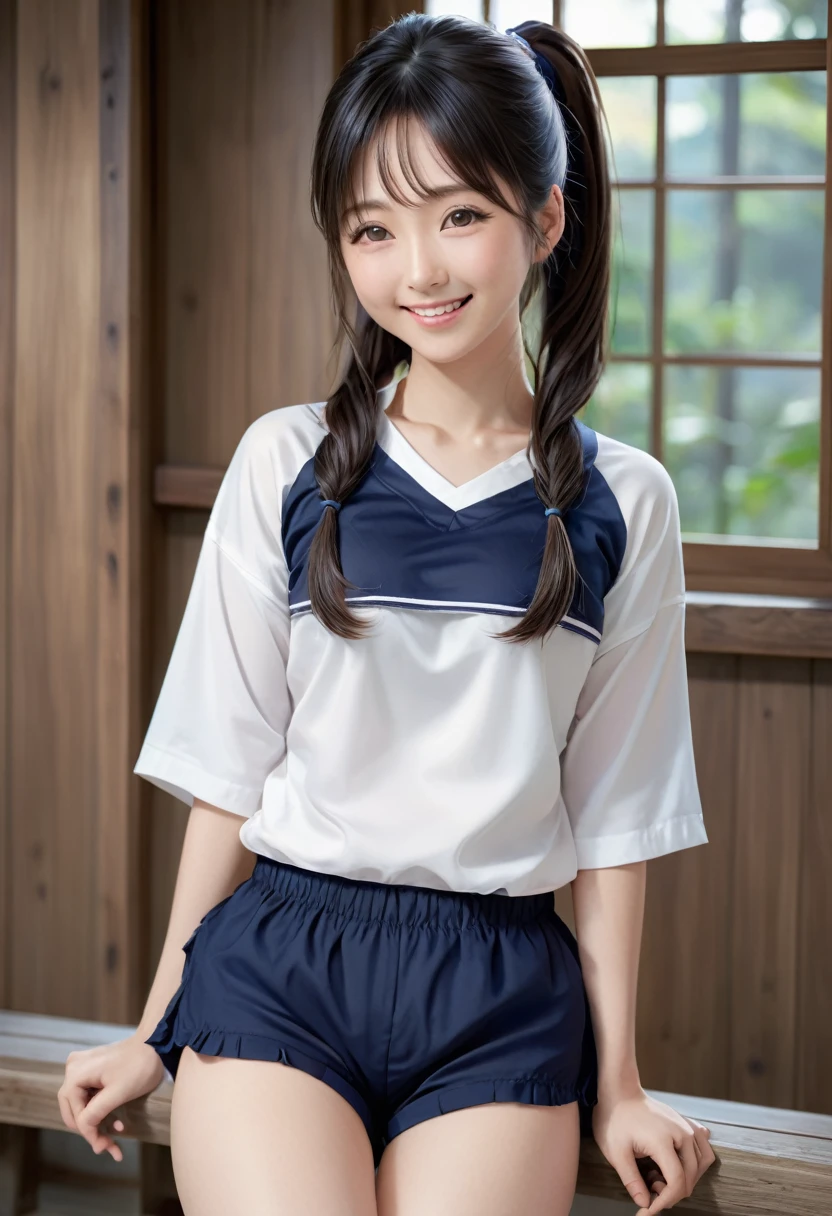 Ultra-high resolution,(reality: 1.4),Highest quality, masterpiece, High detail, 16K quality, beautiful, 1 beautiful girl,Japanese,super beautiful face,Baby Face,Japanese idol face,Cute face,Highly detailed face,Detailed hands,beautiful skin,Sweaty skin,Big eyes,Big smile,Professional Lighting,short hair, Black Hair,brown beautiful eyes, Gym suit,Navy bloomers in the school gym, White shirt, Short sleeve, Are standing,Medium chest,Knee-high socks,She is looking at the camera,Poolside,blue sky,Browsing Caution,Buckshot,