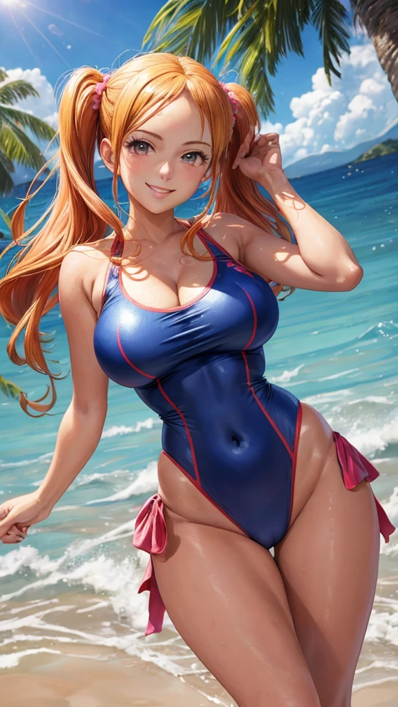 (masterpiece), (very high resolution), (highest quality), (very detailed), (high resolution),
dq8jessica, orange twin tails, pink high leg one piece swimsuit, glamorous big breasts,
smiling face,
Blake
beautifully detailed eyes,
(beautifully detailed face),
standing pose,
outdoors, daytime, blue sky, sunlight,
depth of field, field,