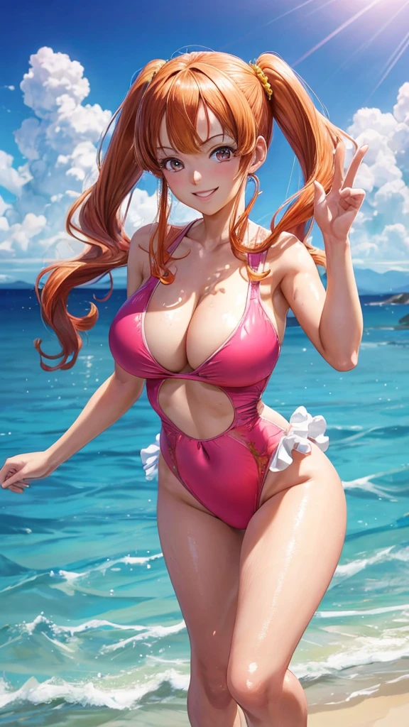 (masterpiece), (very high resolution), (highest quality), (very detailed), (high resolution),
dq8jessica, orange twin tails, pink high leg one piece swimsuit, glamorous big breasts,
smiling face,
Blake
beautifully detailed eyes,
(beautifully detailed face),
standing pose,
outdoors, daytime, blue sky, sunlight,
depth of field, field,