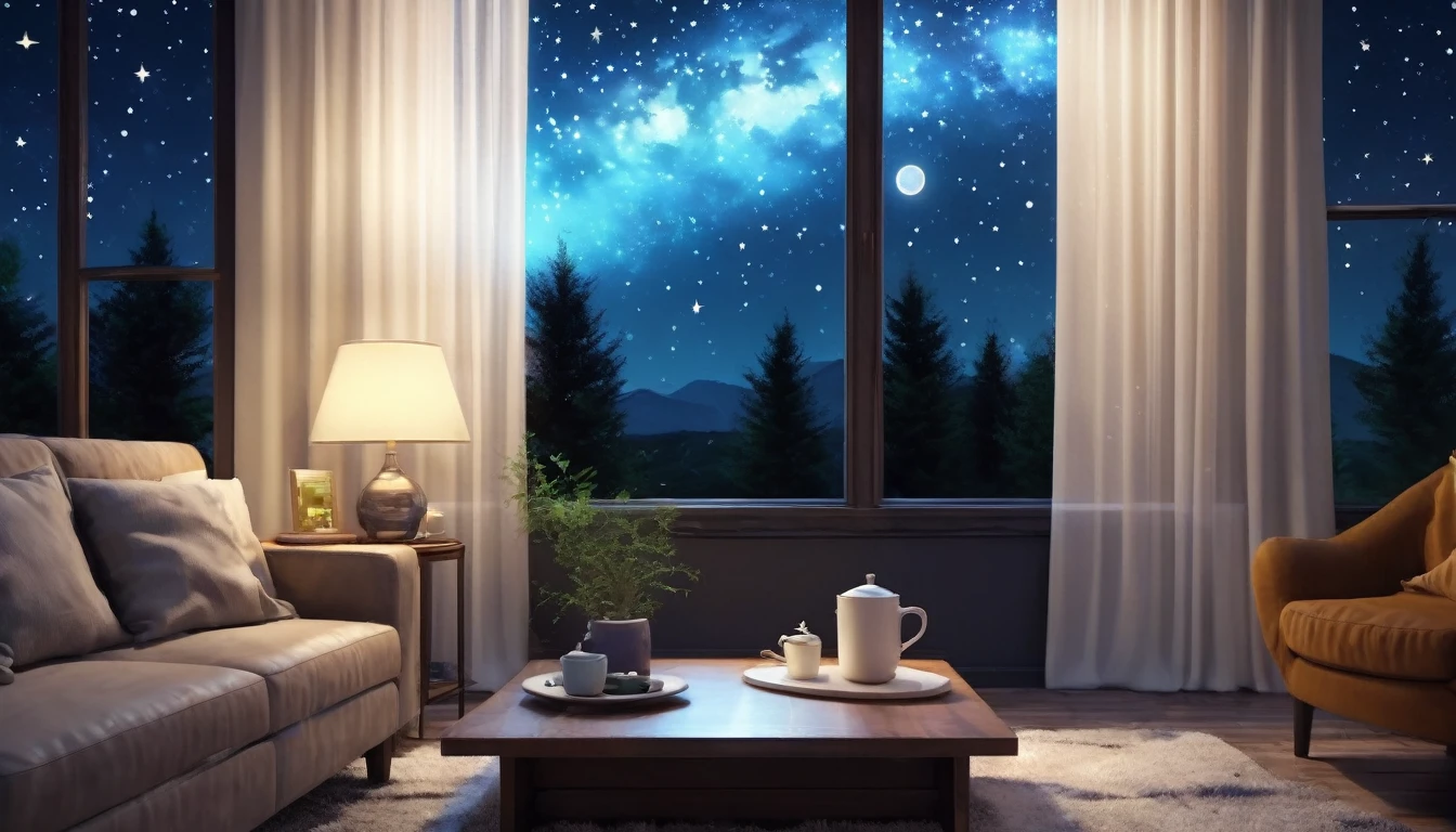 there is a living room with a couch and a coffee table, cosmic skies. moonlit starry sky environment, 4k relaxing concept art