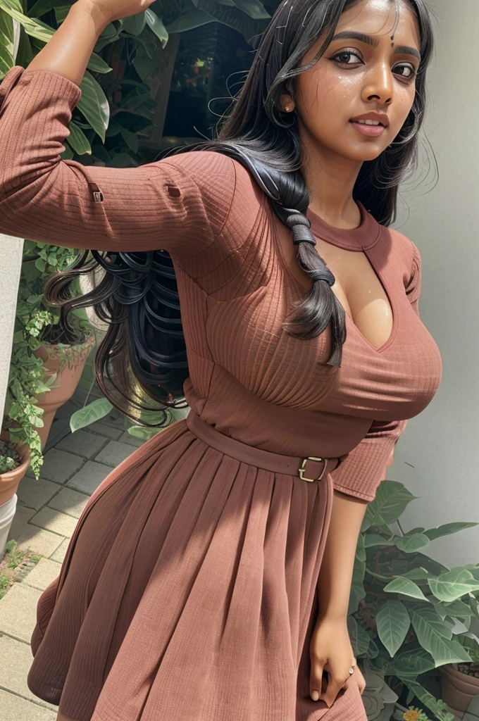 masterpiece:1.2, best quality), (real picture, intricate details), dslr shot of busty sri lankan girl in tight red long sleeves dress showing her huge sweaty armpits stains