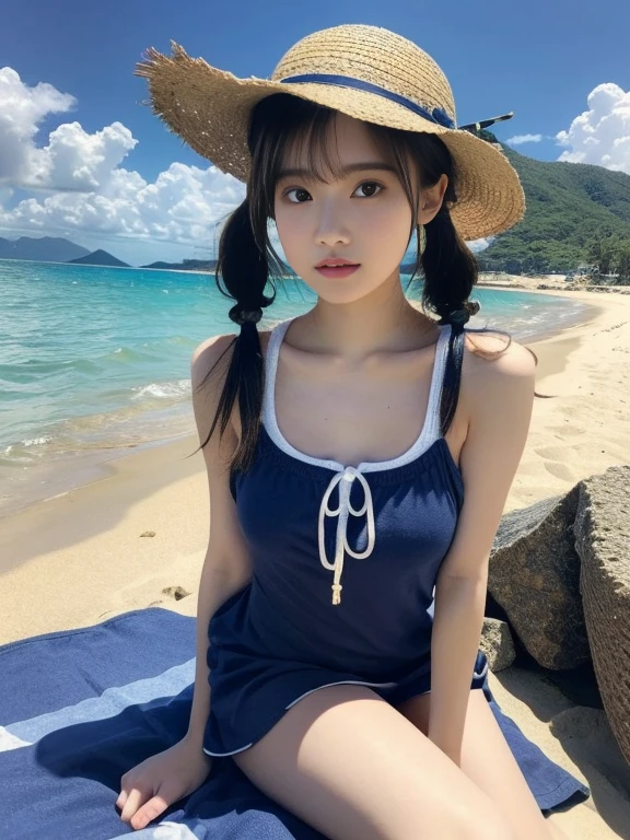 (RAW Photos), (Highest quality), masterpiece, 1 Girl, Twin tails, ((short twintails)), head shot, Summer clothes, Sleeveless dress, Sandals, Straw hat, Beach, Blue sky