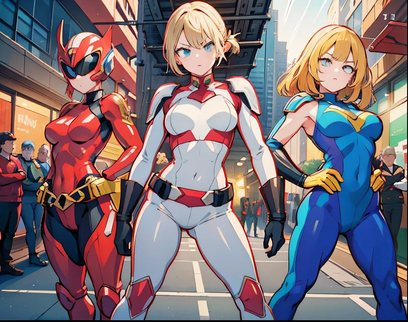 super SENTAI, Power Ranger, a powerful thunder ranger with a beautiful face, small breasts, wearing a tight suit, with yellow hair, wielding alien weapons, against a dramatic thunder backdrop, ultra-detailed, 8k, highly realistic, cinematic lighting, dramatic colors