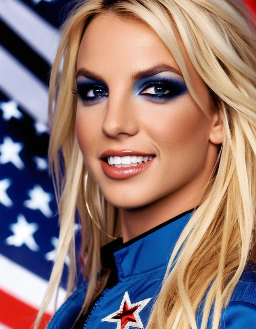 Close up Picture of (Britney Spears:0.6)  ((ohwx mujer)) with long blonde hair and blue eyeshadow Holding the American flag while fireworks happen in the background, 4th of July 