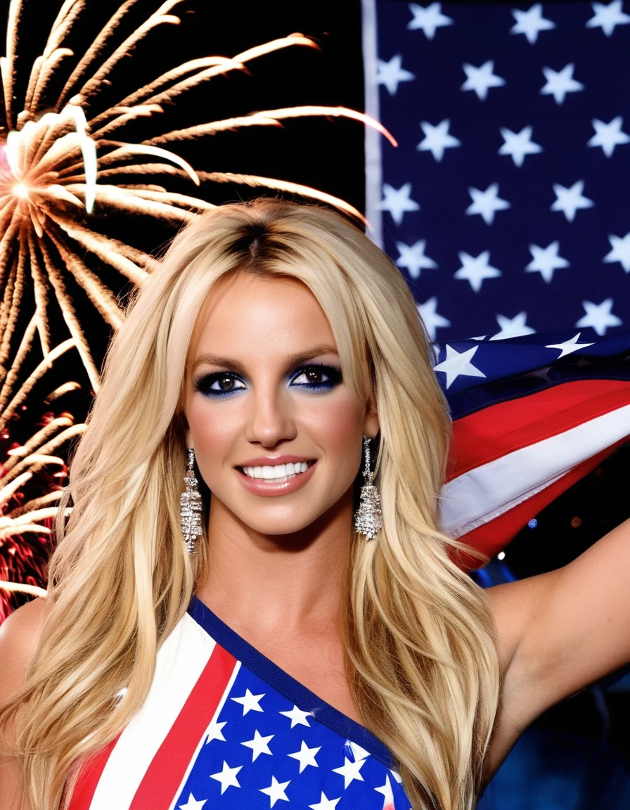 Close up Picture of (Britney Spears:0.6) ((ohwx mujer)) with long blonde hair and blue eyeshadow Holding the American flag while fireworks happen in the background, 4th of July