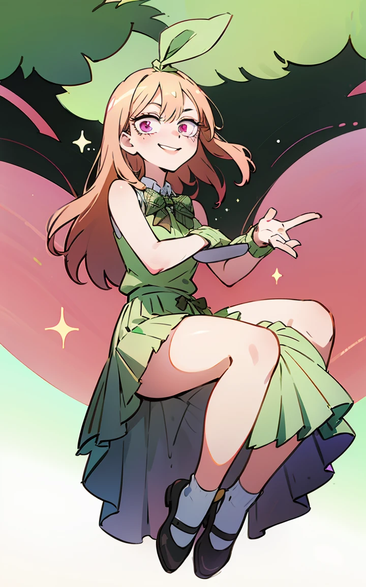 Marin kitagawa, long hair, marin ressed up as Yotsuba Nakano, long blonde hair with pink ends, sparkling pink eyes, sweet face, cheery, playful happy face, lovely, 4k, perfect quality, excellent fusion, excellent character design, green ribbon, sleeveless yellow sweater, collared white short sleeved shirt, green bow tie, green pleated skirt, bright colors, pastel coloured image, vivid colours, light colours, simple background, magic hill background, splendid nature, natural light, daylight, full body, full shot, dinamic pose, extremely detailed, clean lineart, neat, smile