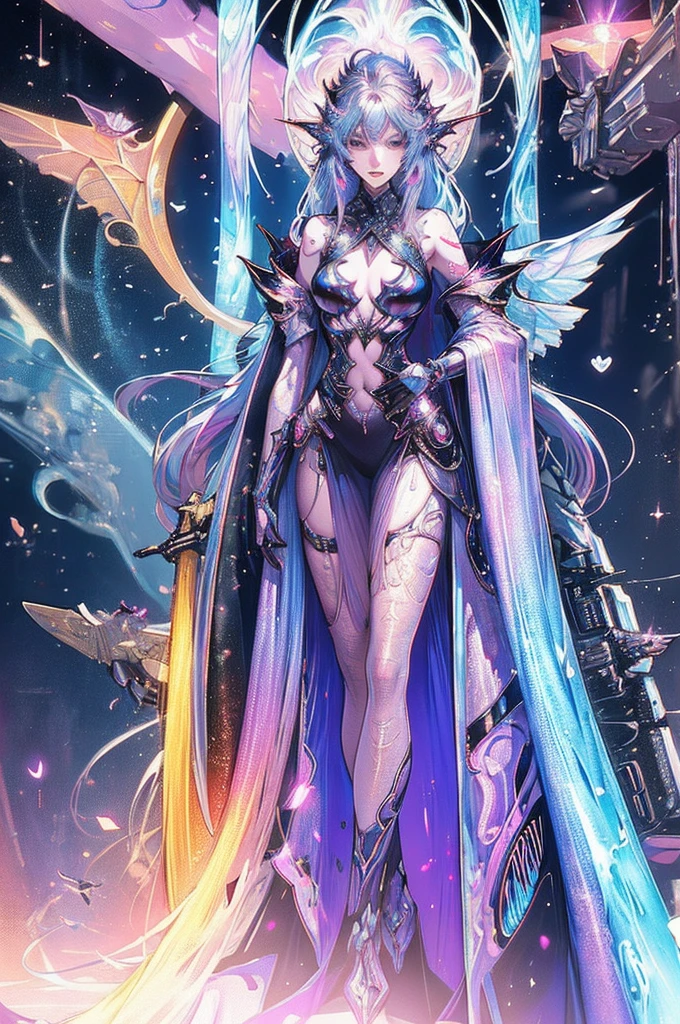 A shimmering cybernetic mauve-tinted nymph, her metallic wings catching the light in a mesmerizing display of iridescence. This striking concept art is a digitally rendered painting, showcasing intricate details and vibrant colors. The nymph's sleek, futuristic design is accented by translucent holographic patterns flowing across her body, giving her an ethereal and otherworldly appearance. The image radiates a sense of mystery and elegance, inviting viewers to imagine a world where technology and nature seamlessly intertwine.