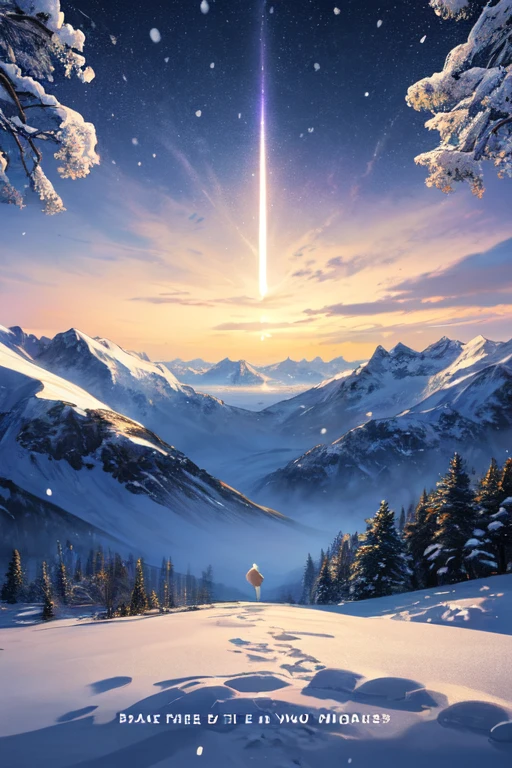 Create a book cover with three snowy mountains in the background, make the mountain in the middle bigger and a few flakes of snow falling slowly, let there be a white bird flying in the sky , Let it be at night where the moonlight illuminates from above and in the middle there is a title which is Snowflakes in sight