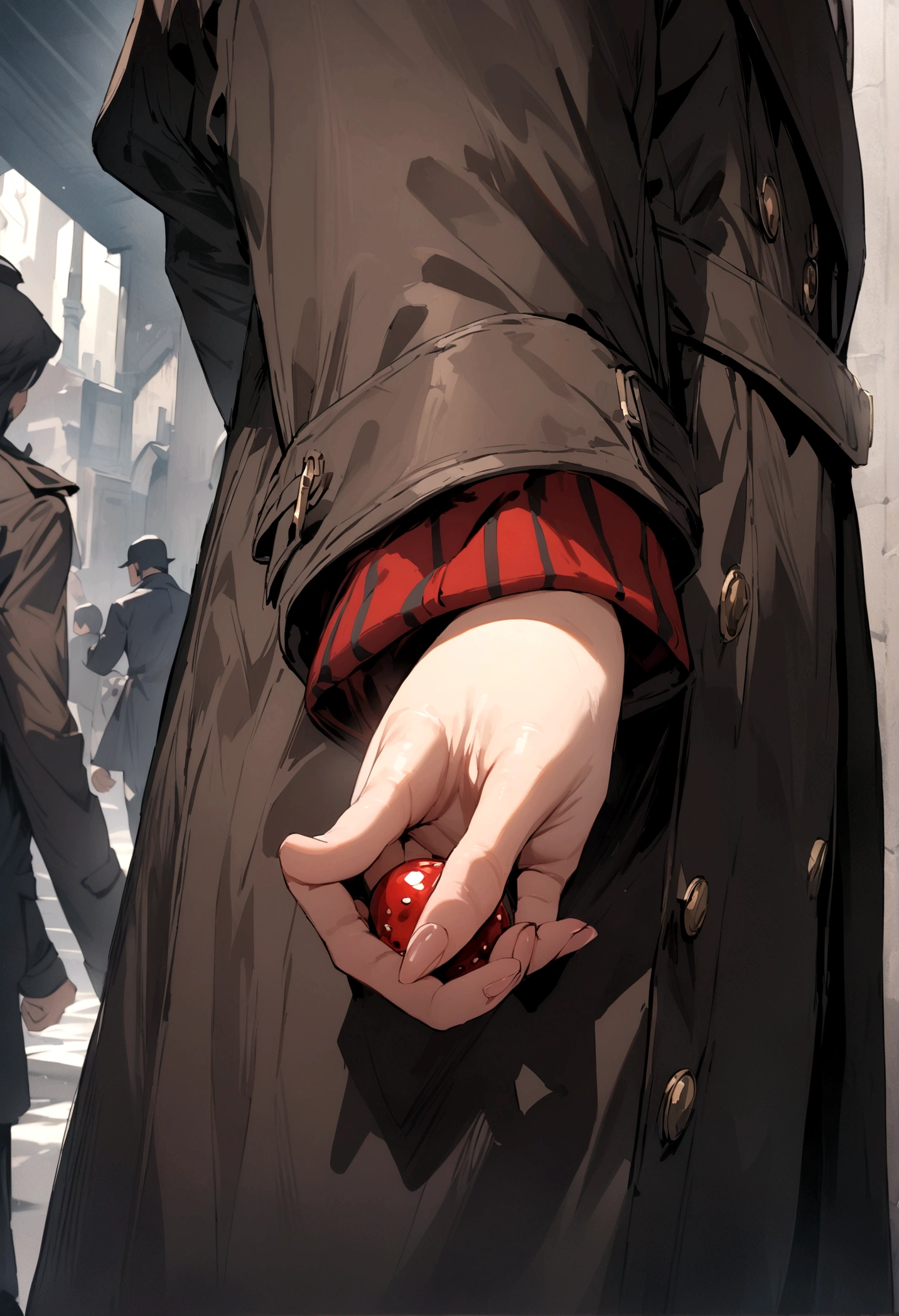 ((Best Quality)), ((Masterpiece)), (detailed), 1 chico, Dark trench coat with red stripes,