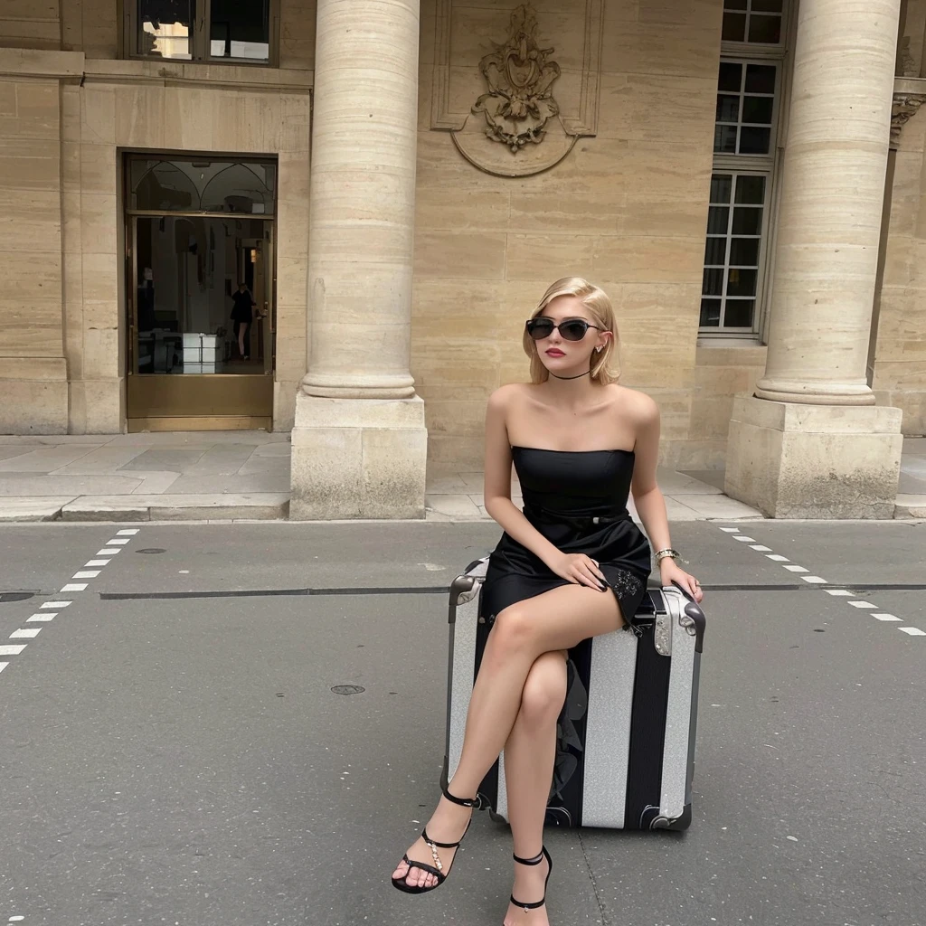 her name is Elle, high quality, 1girl, ((20-year-old fit Caucasian woman)), ((20 years old)), ((fit)), ((pale skin)), ((sleek ponytail blonde colored hair)) , wearing Metallic Gold Sequined One-Shoulder Top + High-Waisted Satin Wrap Skirt, pose: standing, background: Inside the strikingly modern Guggenheim Museum, the curved walls and unique architecture create a dynamic space. You wander through contemporary art installations, each provoking thought and curiosity. The echo of footsteps on the polished floors and the faint hum of conversations create a lively yet introspective ambiance.