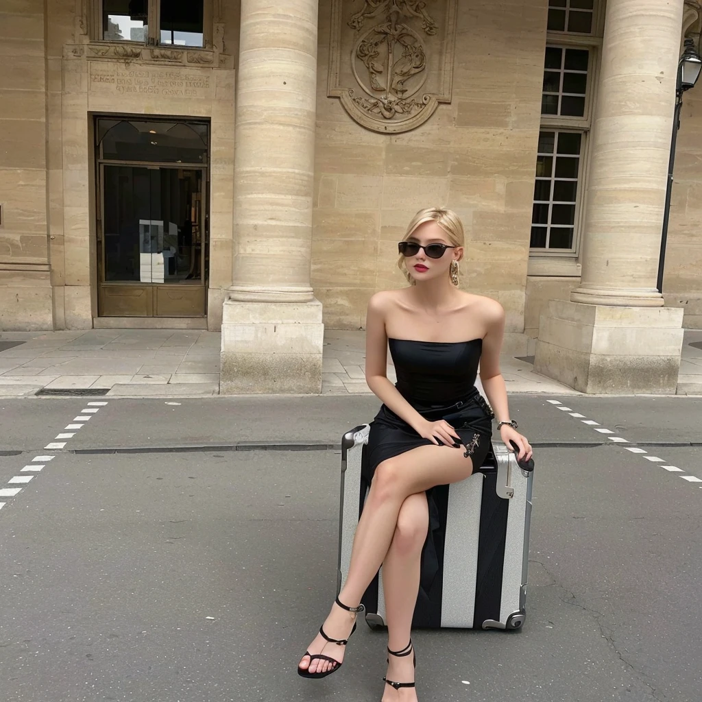 blonde woman sitting on a suitcase outside a building with a building in the background, in Paris, jia, sheath dress, Wearing a black dress, wearing a black camisole outfit, by Emma Andijewska, by Eva Frankfurther, elf eve, wearing black clothes, she is Wearing a black dress, christian dior style, 🤬 🤮 💕 🎀 Roseanne park