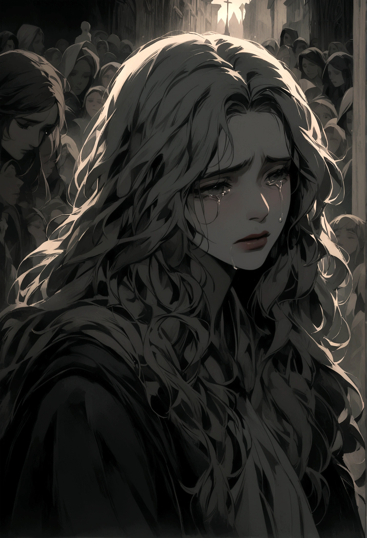 A woman with long hair, crying deeply, kneeling at the feet of Jesus on a crowded street, dramatic portrait, highly detailed, cinematic lighting, emotional expression, religious, dark moody atmosphere, dramatic cloudy sky, Renaissance style, chiaroscuro, muted color palette