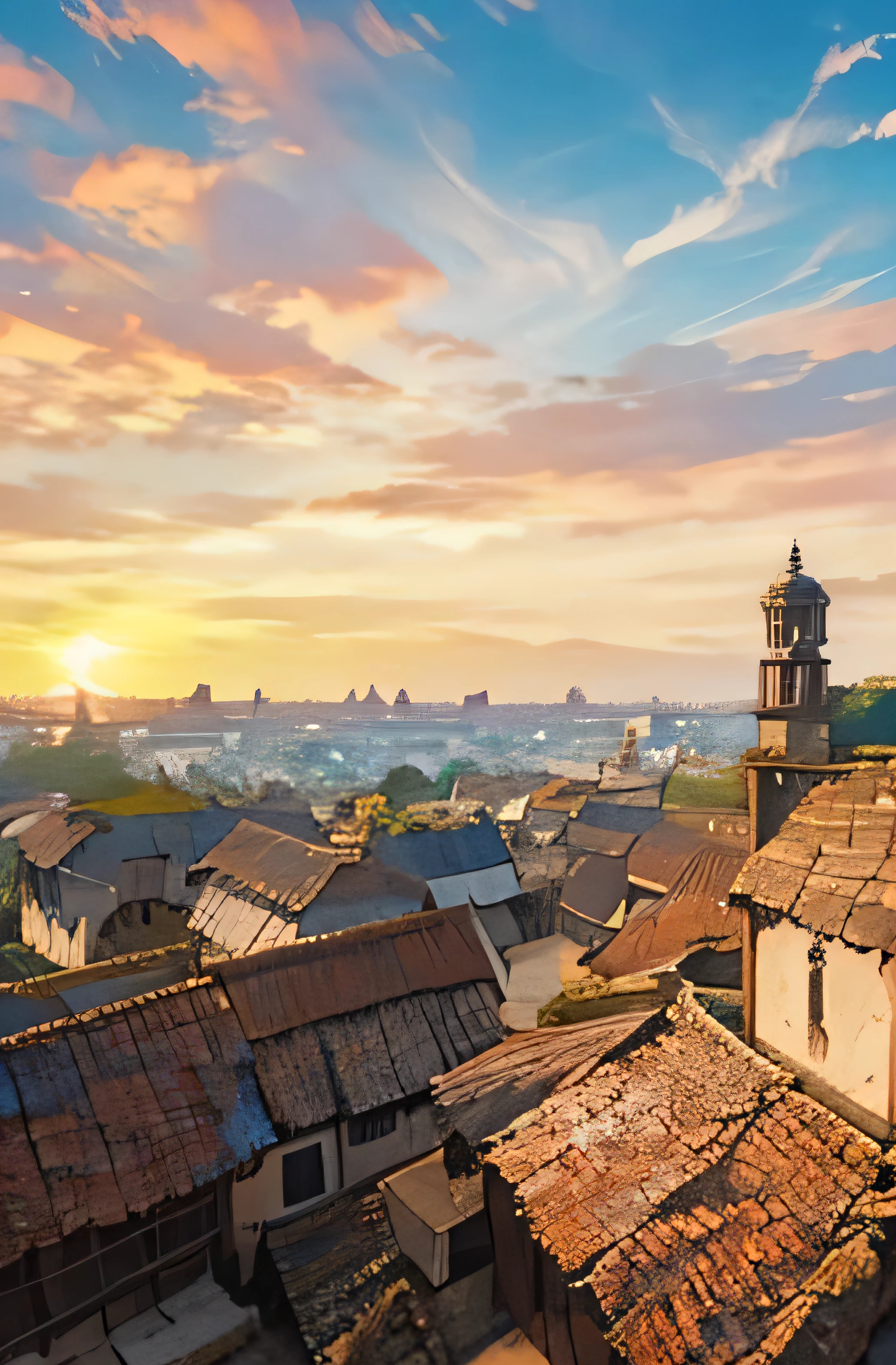 village, sky, boy setting on the roof of a house looking at the village, cloudy, sunrise, beautiful houses, cute homes, ultra high details