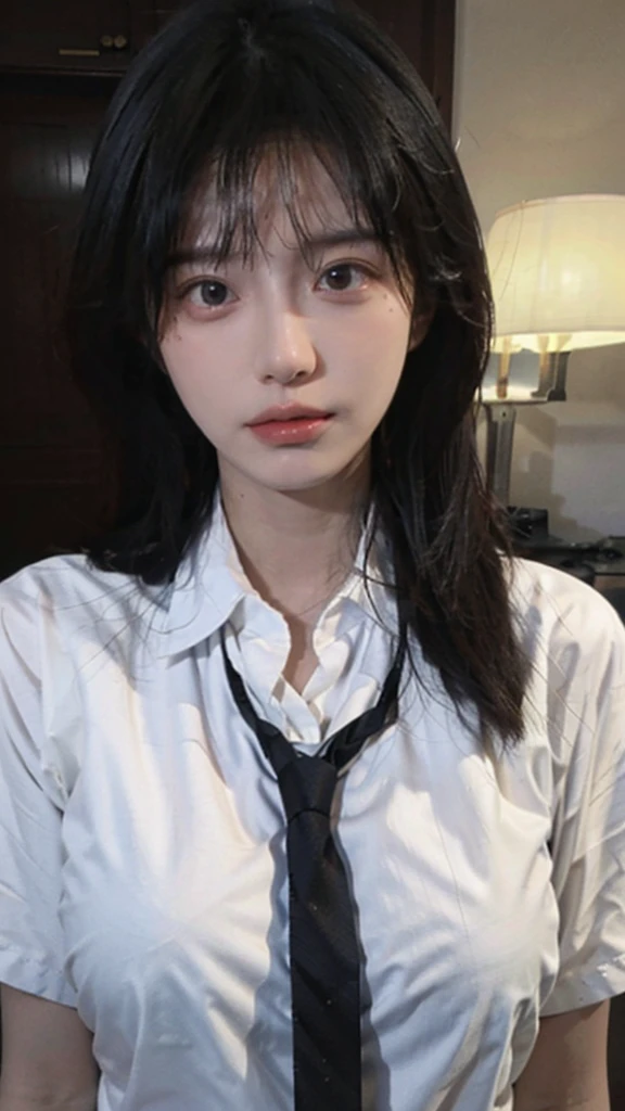 Best quality,masterpiece,ultra high res,(photorealistic:1.4),1girl,sexy,(shirt and tie:1.2),(large breast:1.3),(upper body:1.4)