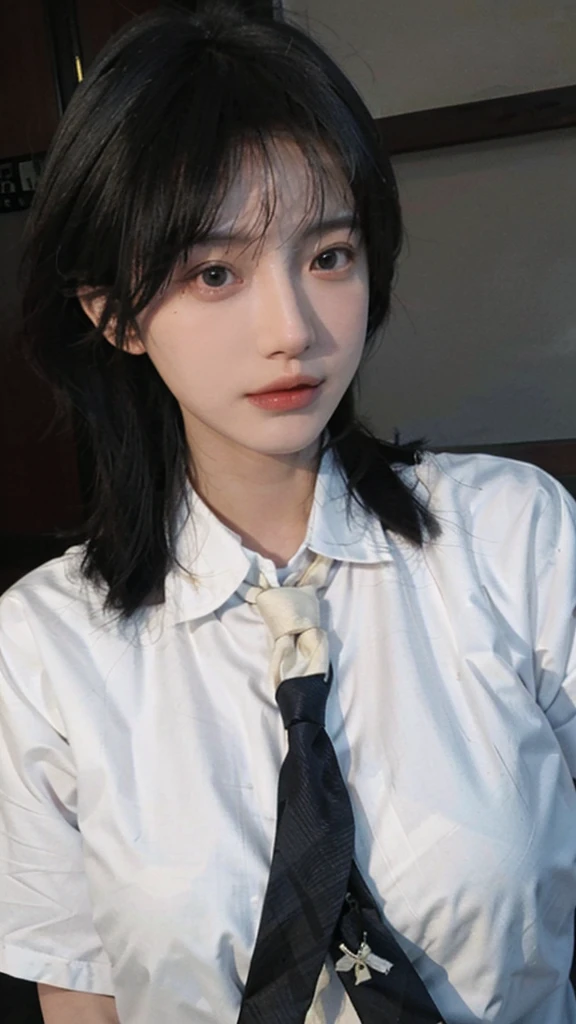 Best quality,masterpiece,ultra high res,(photorealistic:1.4),1girl,sexy,(shirt and tie:1.2),(large breast:1.3),(upper body:1.4)