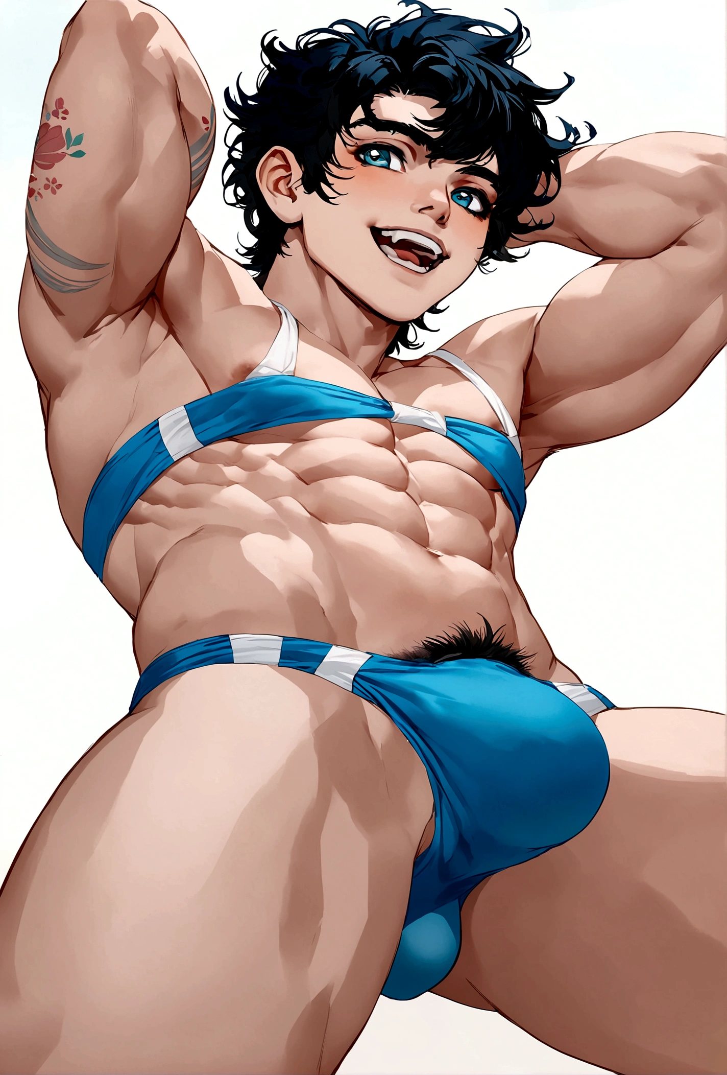 Realistic anime boy, muscle, wearing sexy underwear, with slightly detailed bulge