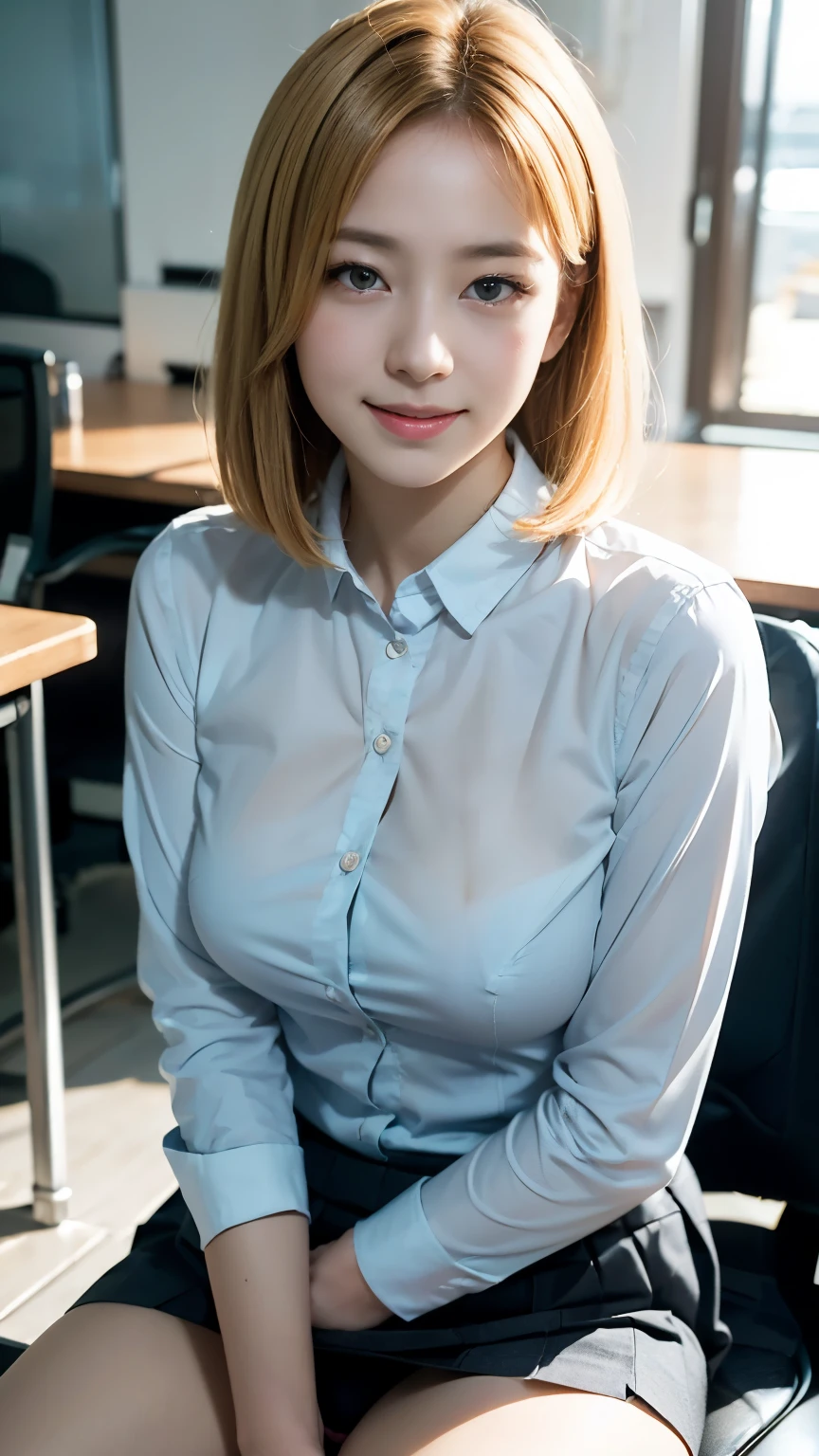 ((office)), lewd smile、(Realistic、Realistic:1.37)、(masterpiece)、(Highest quality:1.4)、(超A high resolution:1.2)、(RAW Photos:1.2)、(Sharp focus:1.3)、(stand:1.2)、elegant、(Whole Body Ezbian:1.2)、(Girl in a collared shirt and skirt:1.3)、Bangs、((Blonde)), Very cute Japanese girl、(A faint smile:1.3)、(Makes hair shine:1.3)、Short pleated skirt、Shooting from below、Beautiful and delicate eyes、 View your audience、Shooting from an up-angle、Secretly photographing underwear under a skirt、Black panties:1.8