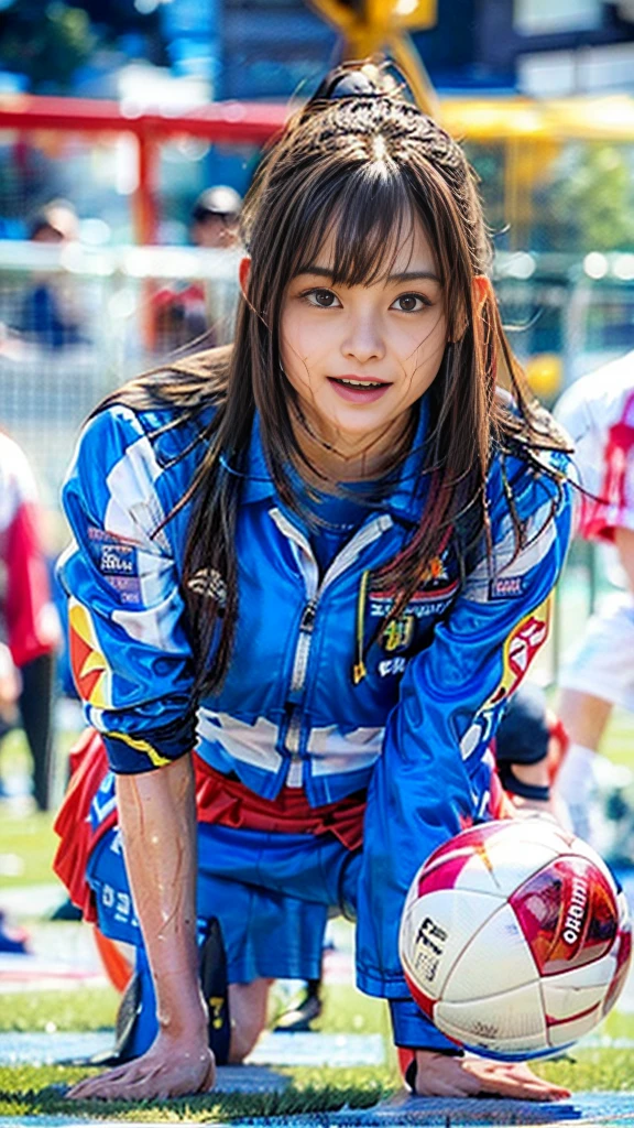 Highest quality, High resolution:1.2, Very detailed, Realistic:1.3, ((Beautiful woman))、((Super tight uniform))、((Big Breasts))、Vibrant colors, play soccer,(Blunt bangs)、((Various Hair Styles))、Different hair colors、With bangs、Wet Hair, concentrate, splash, Action Shots, Grass blotches, Muddy ground, Wet turf, decide, Fast-paced games, Athletic physique, Shiny soccer ball, Wet Uniform, raindrop, Blurred motion, ボールにconcentrateする, Intense competition, Skillful dribbling, Energetic play, Teamwork, powerful shoots, Wet pitch, Passionate sports, Fierce decide, Humid atmosphere, Fluid movement, emotional expression、Dramatic lighting, Women's Sports, Avid athletes, Exciting Games, Endure, Excited state, Speed and agility, Energetic play, 濡れたsplash、smile、((Red Uniform))