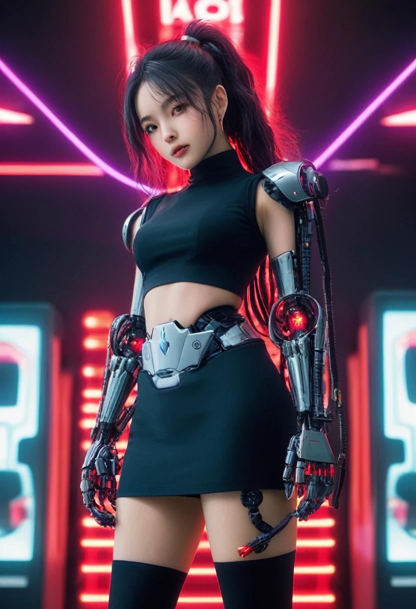 xxmixgirl. Highly detailed professional 35mm film, bokeh, face in sharp focus. A robotic female, Miku, with ((metal skin)), ((perfect Asian eyes)) with magenta irises and ((black pupils)), beautiful serious (detailed face), 18 year old ((photorealistic face)), very long magenta twin tails of magenta hair, twin black hair ties with a single red stripe. She may have a black audio headpiece. We can see her ((full body)) down to her boot soles. Her outfit is a sleeveless collared light grey shirt, outlined in red around the frilled collar and hems. Shiny reflective ((metallic breast cups, dimpleless)), invisible nipples. She wears black sleeves with red hems that start around her upper arm and bellow out as the sleeves open and extend to her wrists, with wide trumpet red rimmed cuffs. She has perfect robotic (detailed hands). She wears a red colored tie with two horizontal solid parallel black lines halfway across. She wears a fabric black skirt with a horizontal red hem at the bottom all the way around; her (((black skirt wraps around her))) and ((her skirt completely covers)) her robotic waist and thighs. Tall black boots with red bottom soles, a red rim around the top at her thighs. Her mechanical shoulder joints are visible. We can see her robotic legs and robotic neck. Half of her is covered with shiny polished machinery. The background is a distant dark neon futuristic Japanese city, gold, cyan, violet neon, near harbor or mountains.