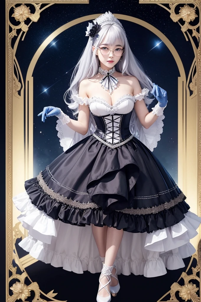 Tobiichi origami an attractive young woman who is tall 1,52 and 56 kg and 19 years old, silver hair and blue eyes, wearing a gothic dress white colored gothic costume elaborated with layers of crystal yellow colored skirts with ruffles, fitted bodice and lace details. Accessories include a wide-brimmed hat adorned with feathers and flowers, plus gloves and high-heeled shoes on her feet, showing off his glasses and the intricate design of the eye. The background must feature a night sky with stars and a large moon that illuminates the character and an illustration of her full body. without adding character information in the background.