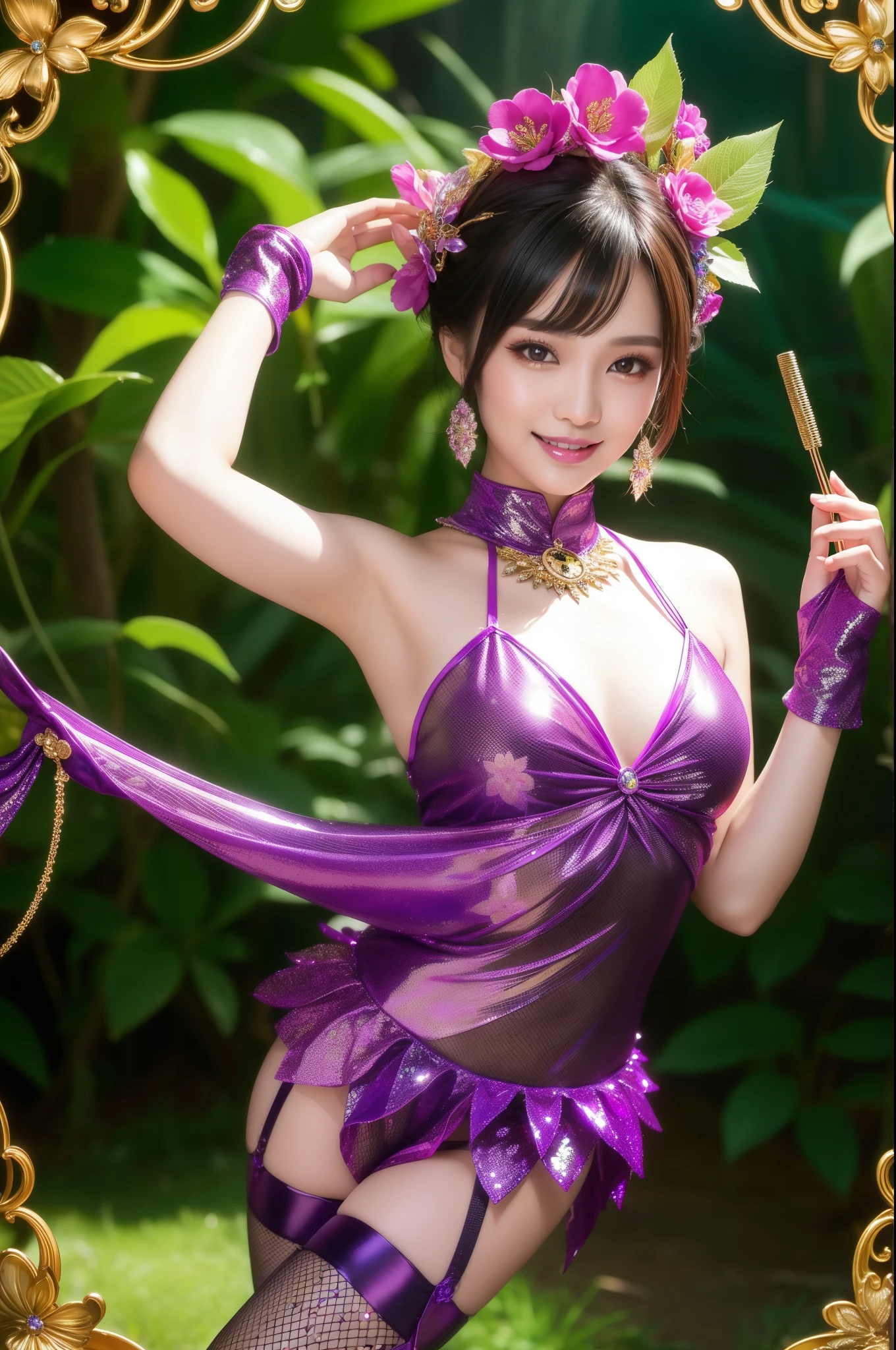 sexy Thai model who controls poison、beautiful smile、lipgloss、dramatic makeup、look at the camera、full body Esbian、、sparkling poisoned enchanted flower costume、、、、shiny sparkling colorful short hair、secrete poison、skull hair accessories、fishnet tights、shiny sparkling dark magic forest background