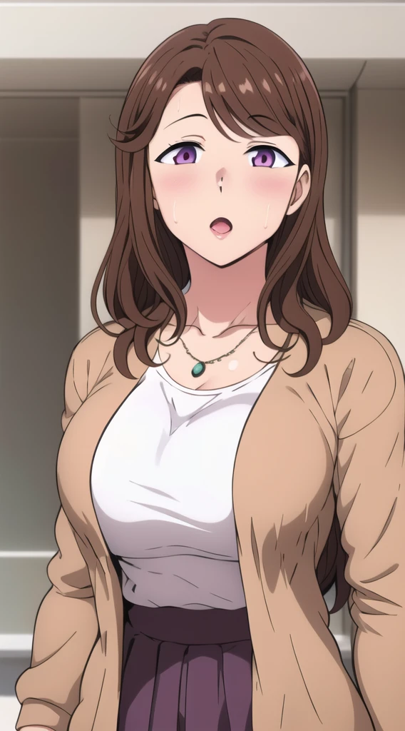 master piece, ((constricted eyes; :o)), surprised, widen eyes,  1girl, hand over mouth, breasts, solo, brown hair, pink eyes, PURPLE SKIRT , large breasts, looking at viewer, BLUSH, open mouth, long hair, collarbone, upper body, necklace, white dress, cardigan, brown jacket, , (((white shirt))), outside, park , mature female,(masterpiece: 1.0), (best_quality: 1.0), ultra high resolution, 4K, ultra detailed, photography, 8K, HDR, highres, absurders:1.2, Kodak portra 400, film grain, blurred background, bokeh:1.2, l (vibrant_color:1.2) (Beautiful), (beautiful_face:1.5),(narrow_waist), anime style, sharp focus, professional artwork,trending on pixiv, detailed bold arm lines, high color saturation, bold lines, bold drawing lines), open mouth, (white skin, (fair skin),
