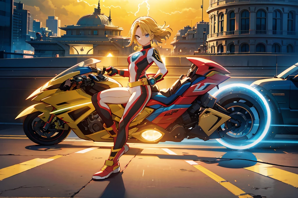 super SENTAI, Power Ranger, a powerful thunder ranger with a beautiful face, small breasts, wearing a tight suit, with yellow hair, wielding alien weapons, against a dramatic thunder backdrop, ultra-detailed, 8k, highly realistic, cinematic lighting, dramatic colors