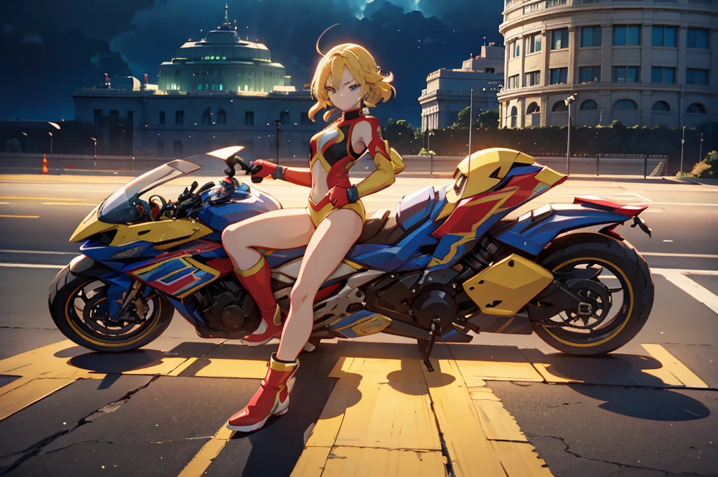super SENTAI, Power Ranger, a powerful thunder ranger with a beautiful face, small breasts, wearing a tight suit, with yellow hair, wielding alien weapons, against a dramatic thunder backdrop, ultra-detailed, 8k, highly realistic, cinematic lighting, dramatic colors
