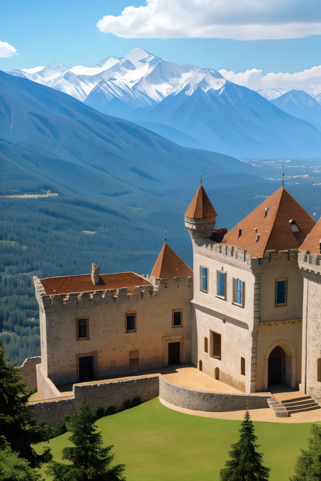 castle, offwhite, blue windows, middle distance, mountains background, floor, birds, Mediovale 
