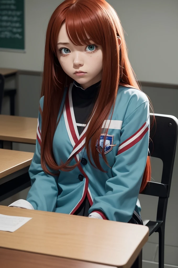 Screenshot of my hero academia. of anime. Redhead girl long straight hair, with black highlights, with bangs. One eye is green and the other blue and he has a serious expression.. This is bandaged from the mouth to the neck.She is wearing a UA uniform and in the background she has a UA school class and she is sitting at a table.