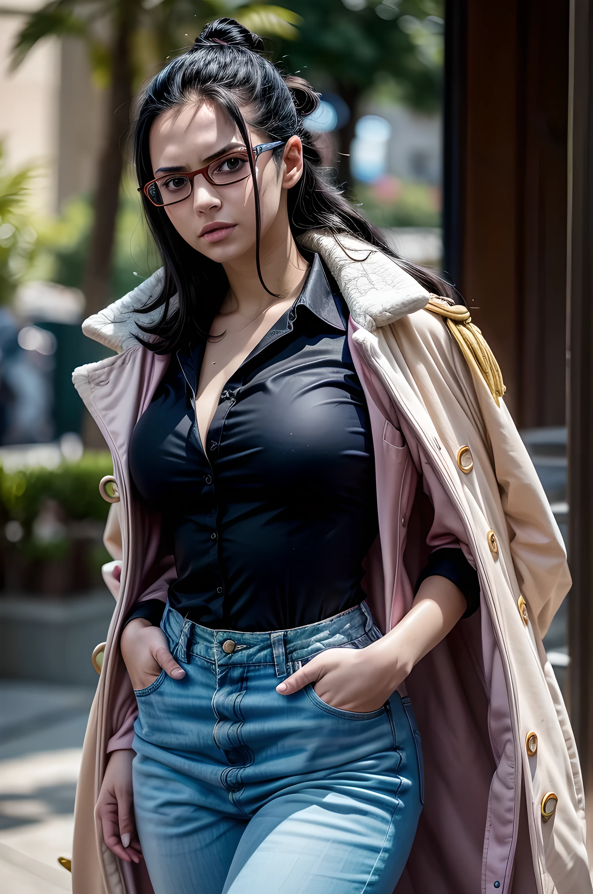 1 girl, Tashigi, age 15, pale skin, perfect eyes, black eyes, glasses, black hair, hair slicked back, pink coat, coat on shoulders, open shirt, blue pants, cigar, ((RAW photo, masterpiece, high details, highres, absurdres, 8k, best quality, UHD, realistic)), sunlight, shadow details, cloudy day, fortress