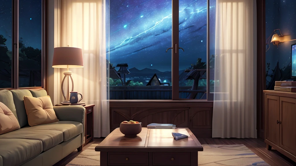 there is a living room with a couch and a coffee table, beautiful anime scene, anime background art, anime beautiful peace scene, cosmic skies. by makoto shinkai, anime scenery, moonlit starry sky environment, beautiful anime scenery, anime background, anime movie background, anime landscape wallpaper, personal room background, 4k anime wallpaper, relaxing concept art, anime atmospheric
