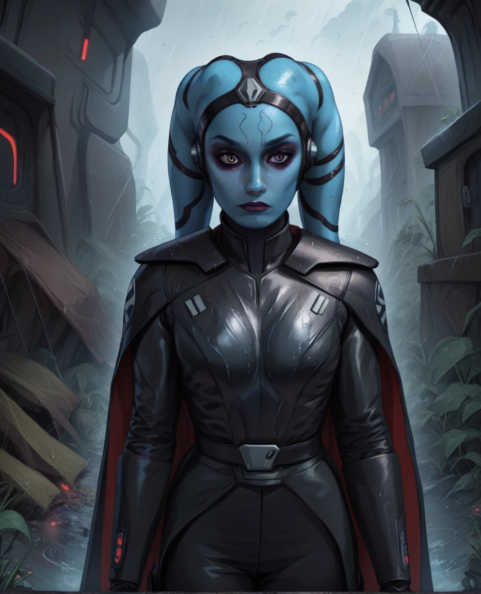 score_9,score_8_up,score_7_up,score_6_up, Female Twi'lek, Aayla Secura
 ,(((wearing armor)))
, FULL body, wet, armor,gloves,black bodysuit,black cape,belt,rain, science fiction,sith base, star wars, outdoors, rain, solo,fflixbag ((wearing armor))
