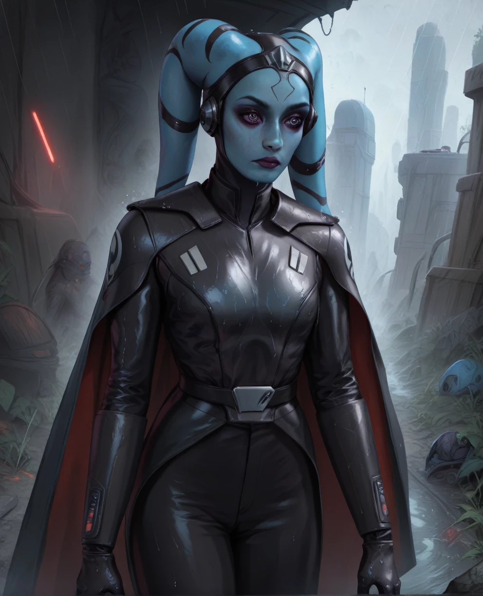 score_9,score_8_up,score_7_up,score_6_up, Female Twi'lek, Aayla Secura
 ,(((wearing armor)))
, FULL body, wet, armor,gloves,black bodysuit,black cape,belt,rain, science fiction,sith base, star wars, outdoors, rain, solo,fflixbag ((wearing armor))
