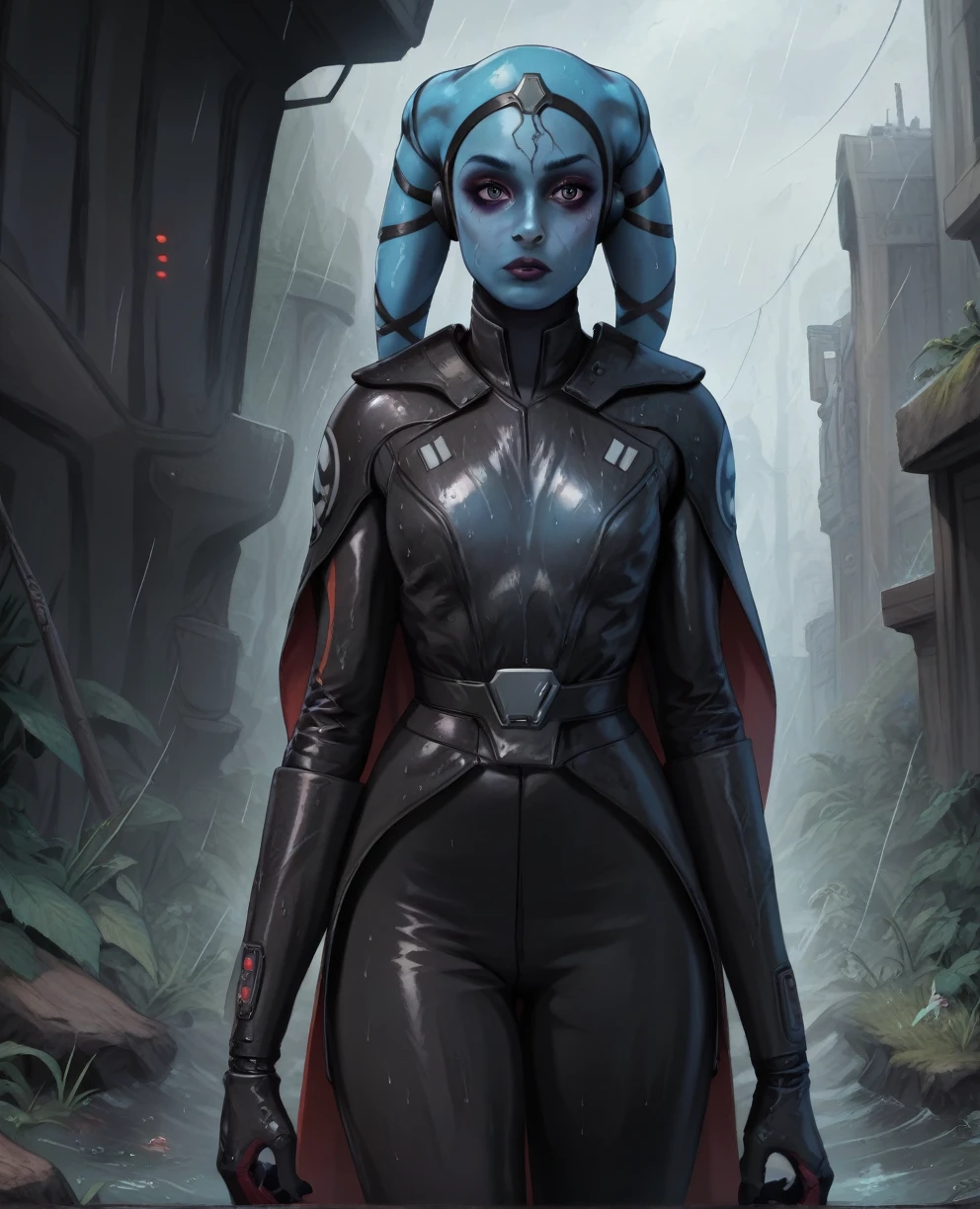 score_9,score_8_up,score_7_up,score_6_up, Female Twi'lek, Aayla Secura
 ,(((wearing armor)))
, FULL body, wet, armor,gloves,black bodysuit,black cape,belt,rain, science fiction,sith base, star wars, outdoors, rain, solo,fflixbag ((wearing armor))
