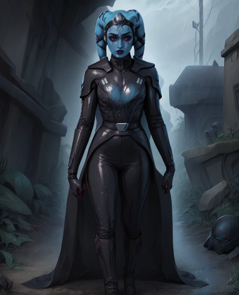 score_9,score_8_up,score_7_up,score_6_up, Female Twi'lek, Aayla Secura
,(((wearing armor)))
, FULL body, wet, armor,gloves,black bodysuit,black cape,belt,rain, science fiction,sith base, star wars, outdoors, rain, solo,fflixbag ((wearing armor))