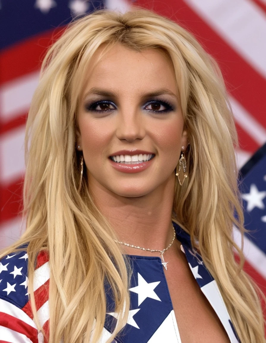 Close up Picture of (Britney Spears:0.6) ((ohwx mujer)) with long blonde hair and blue eyeshadow Holding the American flag while fireworks happen in the background, 4th of July