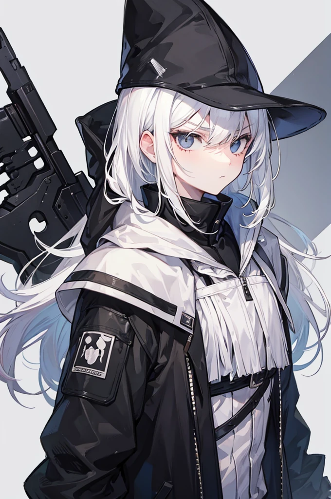 boy, white hair, black eyes, black hunter clothing, serious face