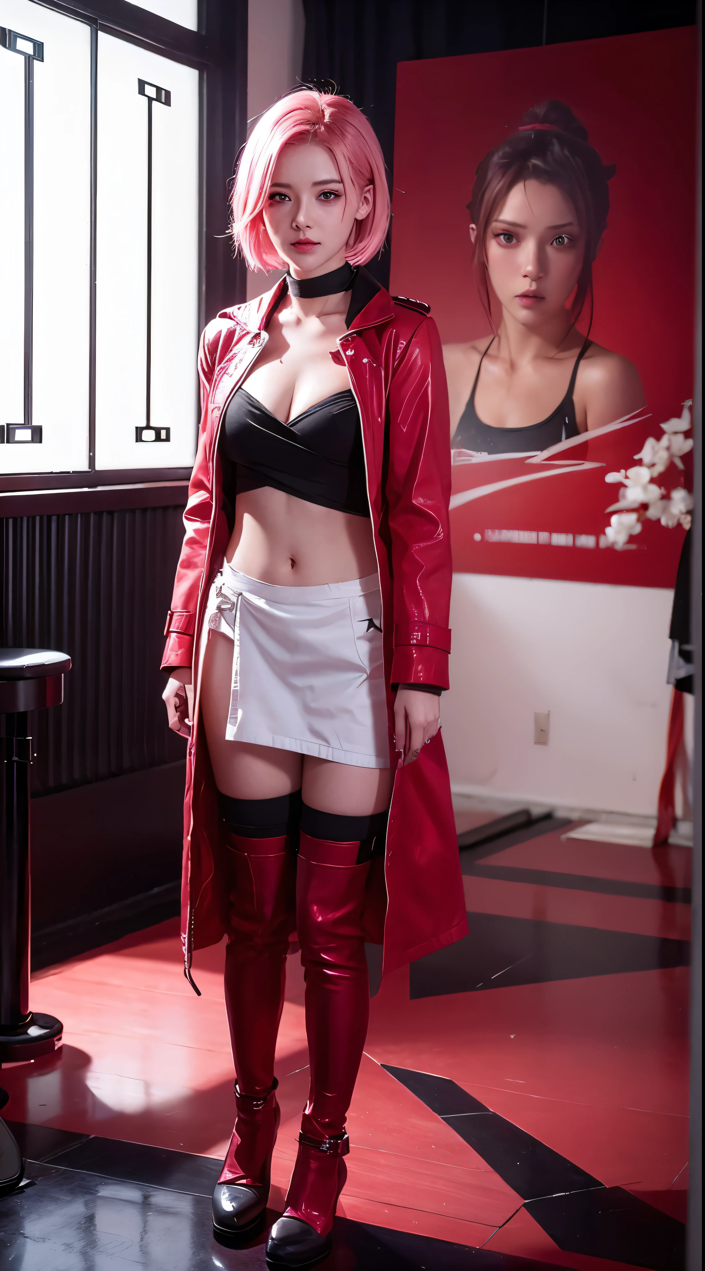 Sakura haruno, seductive, ((forehead to show)), attractive, sexy eyes, red coat, pink hair, delicate, young, short hair, detailed face, high definition, full body, from League of Legends, trend in artstation, by rhads, andreas rocha, rossdraws, makoto shinkai, laurie greasley, lois van baarle, ilya kuvshinov and greg rutkowski