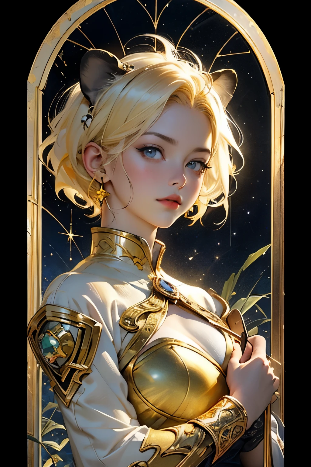 realistic, (masterpiece, top quality, Best quality, official art, beautiful and aesthetically pleasing: 1.2), Very detailed, fractal art, Colorful, The most detailed, Leo, (abstract background: 1.5), (1 girl: 1.3), (Cat class), yellow hair, Bright eyes, Serious, combed back, short hair, Milky Way, huge magical gold Leo astrolabe, dream, fantasy, gold trim,beautiful detailed sky, Style and Decoration for Leo, lion goddess, (NFV:0.8), Delicate reflective and high glass railing board
