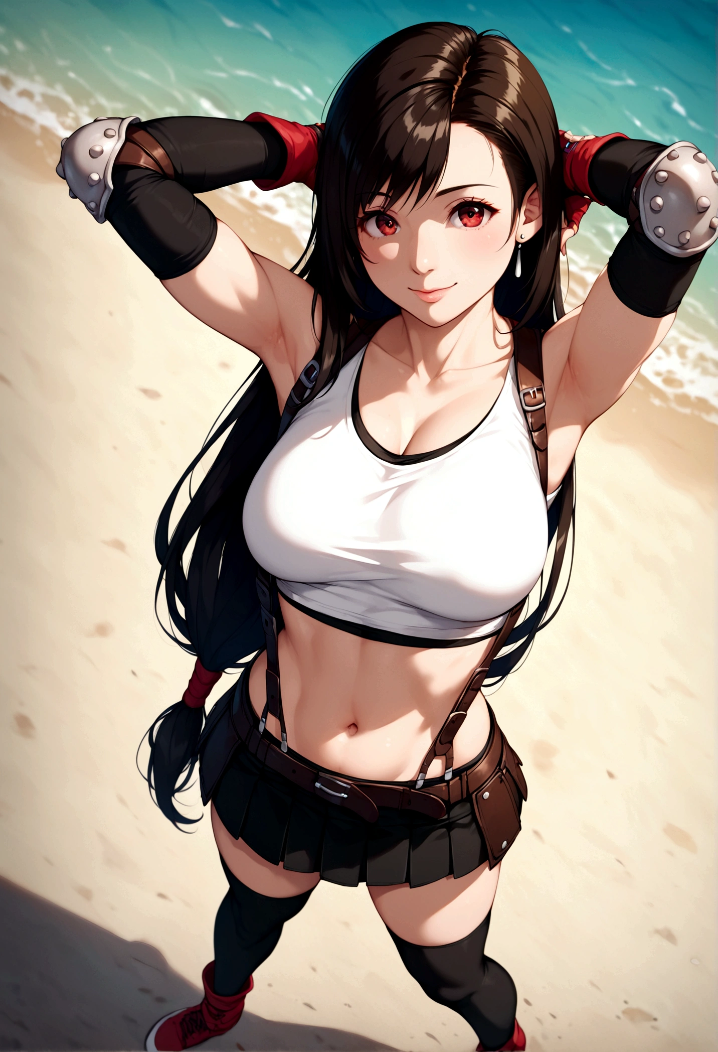score_9, score_8_up, score_7_up, score_6_up, score_5_up,,rating_safe. BREAK , (from front.from above,front view,feet focus,standing,straight-on,,(upperbody),looking_at_viewer ,1girl, tifa lockhart, final fantasy, tareme,black hair, low-tied long hair, red eyes, bangs, (white tank top, belt, pleated skirt, thighhighs, elbow fingerless gloves, elbow pads, midriff, navel,suspender skirt) ,large_breasts,(light smile),,,Solo,,(daytime and beachside and city),detailed skin,(best quality),(aesthetic,very aesthetic),,photorealistic,highly detailed,,depth of field,,professional lighting,cinematic lighting, dancing breast,arms up,arms behind head,armsinhair, 　　