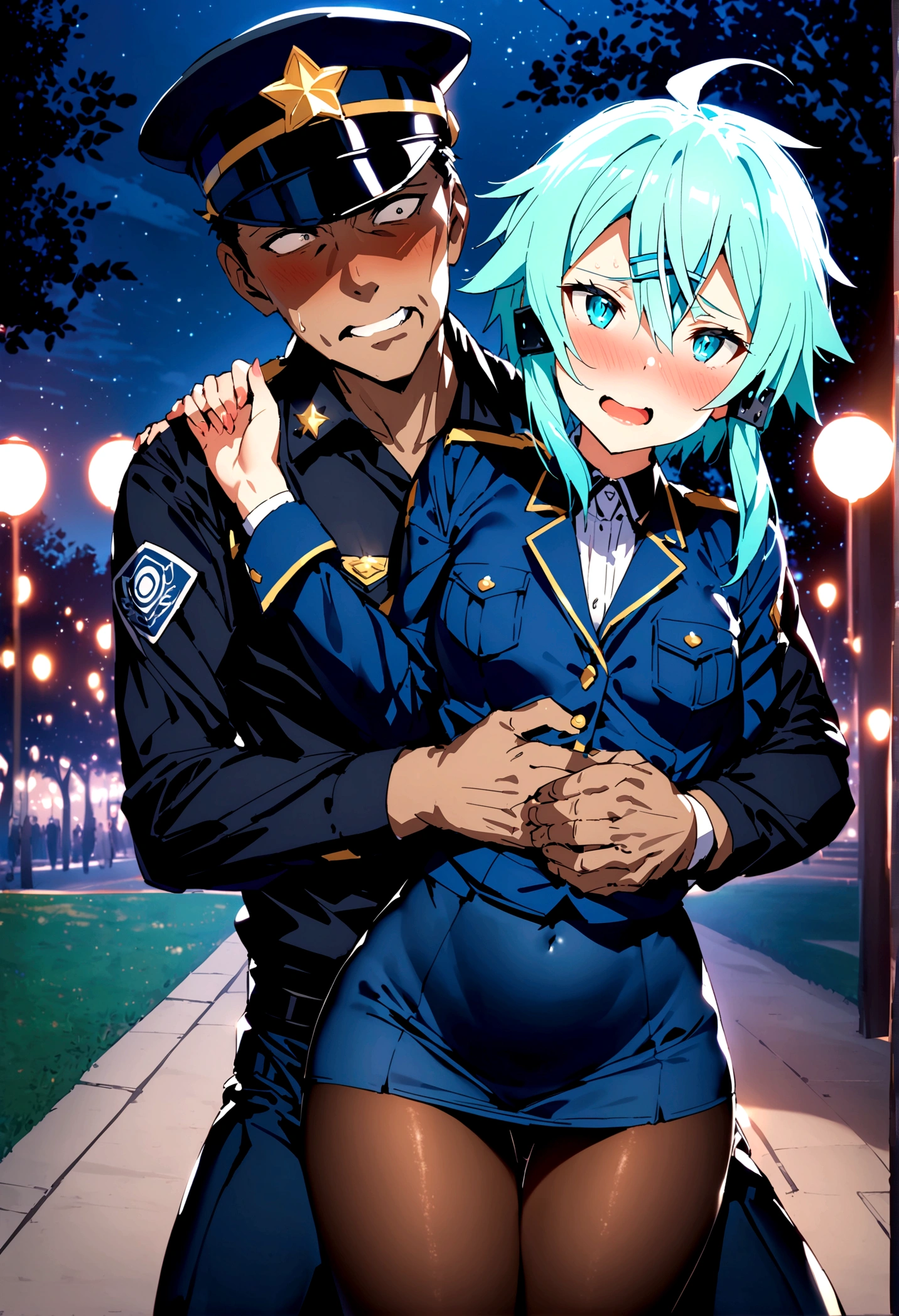 NSFW,masterpiece,Highest quality,High resolution,Very detailed,Sinon\(Sword Art Online\),Police Officer,Female police officer,mini skirt,pantyhose,blush,(Scary-faced man),A man puts his hands on her waist and hugs her,(Have sex),Insert,Creampie,Night Park,Unpopular place,Cleavage