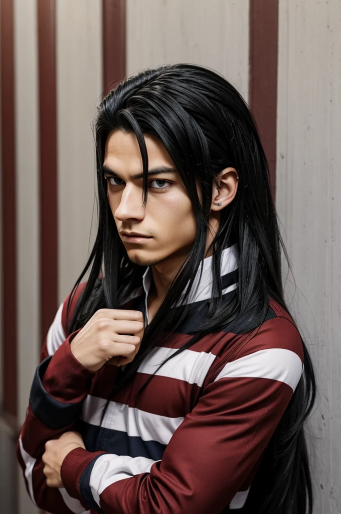 (masterpiece, best quality:2.0), trending, best art, colorful, detailed portrait 3/4 view, perfect face, solo, male focus, 1boy, (mature male:1.9), uchiha madara, (long hair:1.7, red iris, hair over one eye), smooth detailed hair, denim jacket, punk vibes, wide evil smirk, showing teeth, showing middle finger, dark alley background, perfect hands anatomy, easynegative