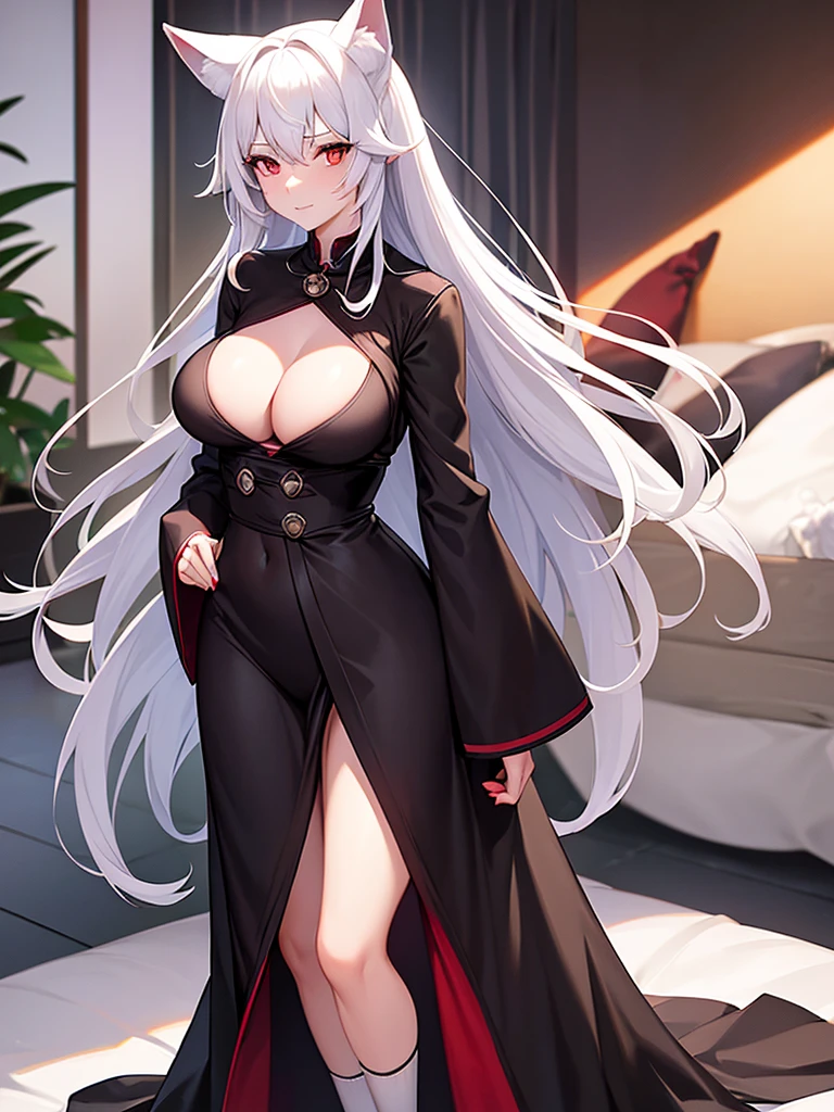 An adult woman half fox and wolf, wide breasts, red eyes, white hair, white fox ears backwards, very shy, and wears a black dress, red socks, and standing, and very sexy